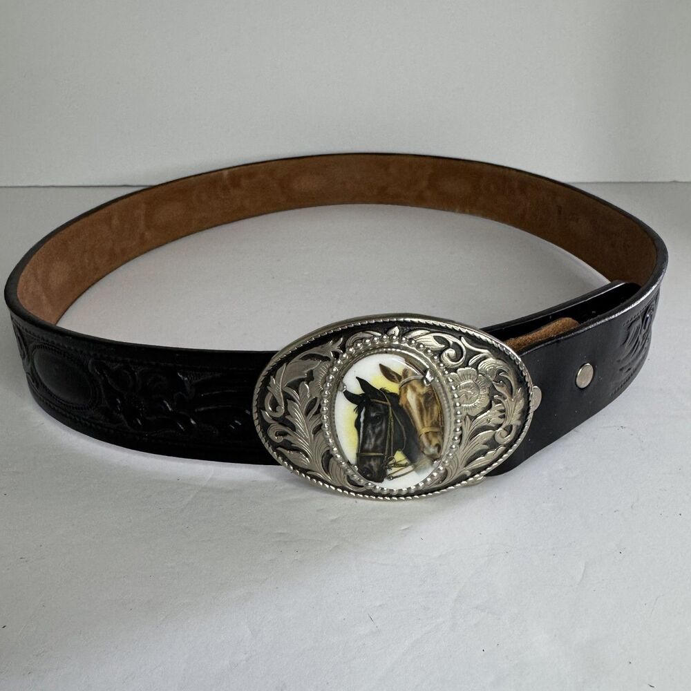 Vintage Looper Belt Embossed Black Horse Hook Hinge Cabochon Western Cowboy 38